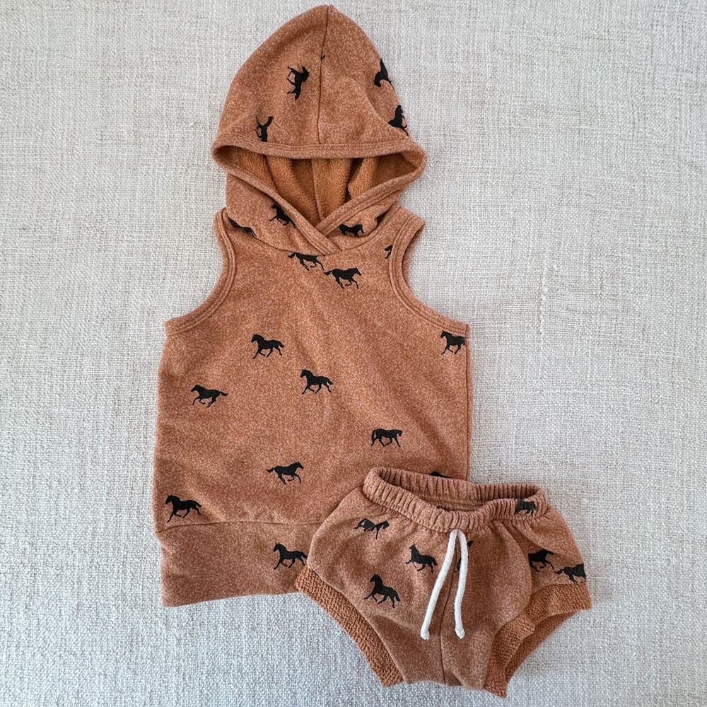 Little Wedgies Brown Horse Print Hooded Tank & Shorts Set VGUC 2T